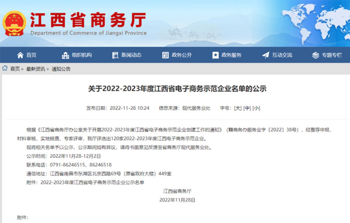 喜訊！第一槍榮獲“2022-2023年度江西省電子商務(wù)示范企業(yè)”稱號